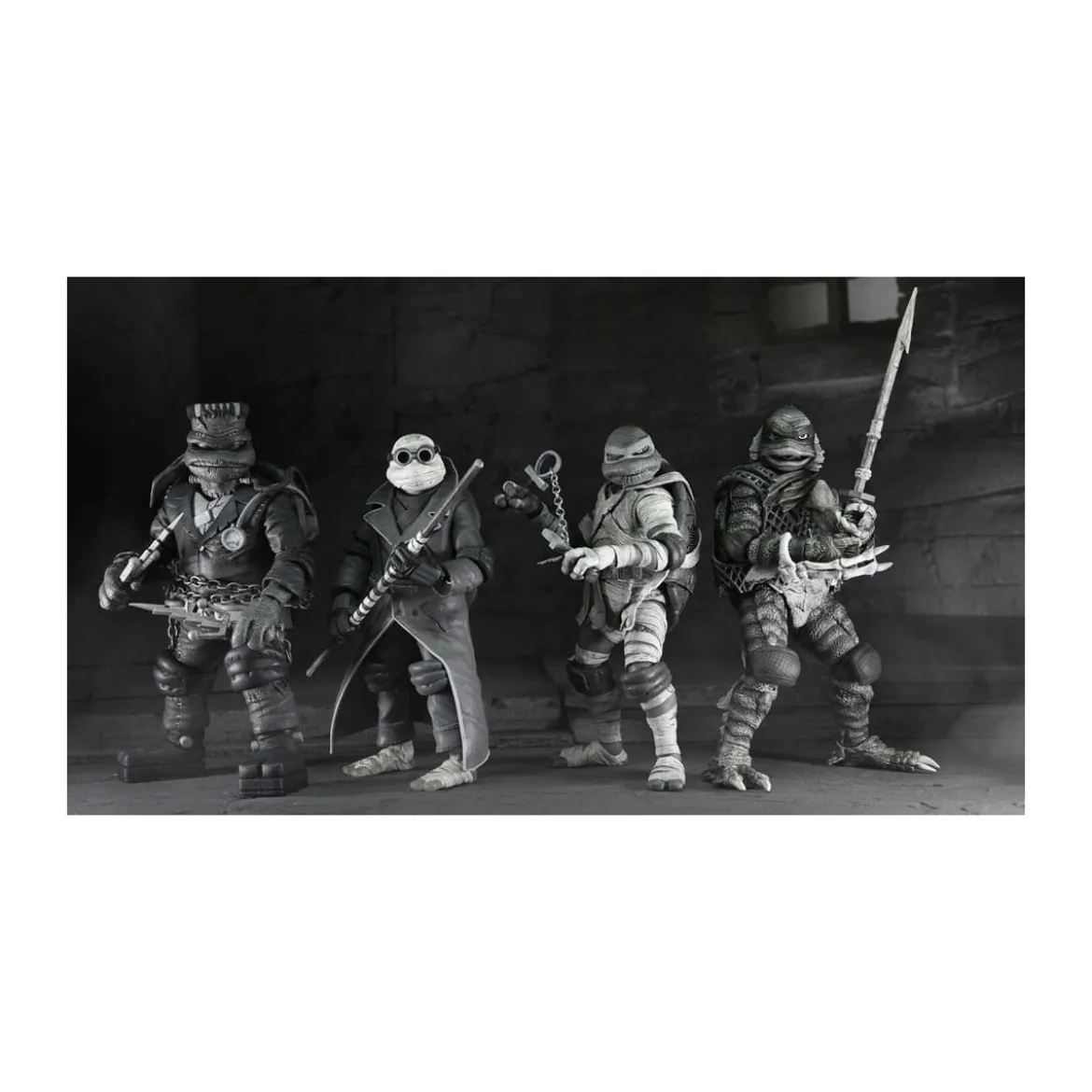 NECA - Pack 4 figurines Turtles Black & White - Universal Monsters x TMNT